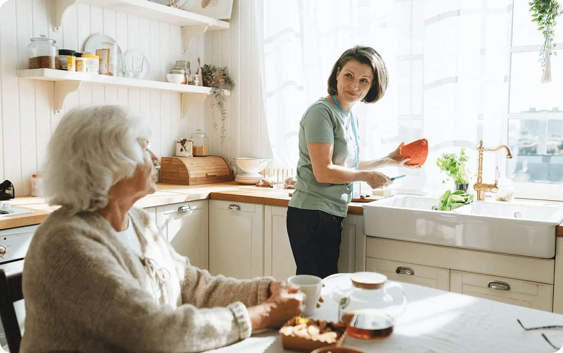 Bright kitchen scene with family interaction
